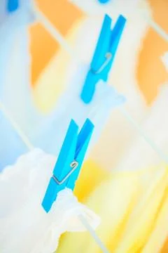 Clean clothes hanging on clothes drying rack clothesline Fresh and clean conc Stock-Fotos