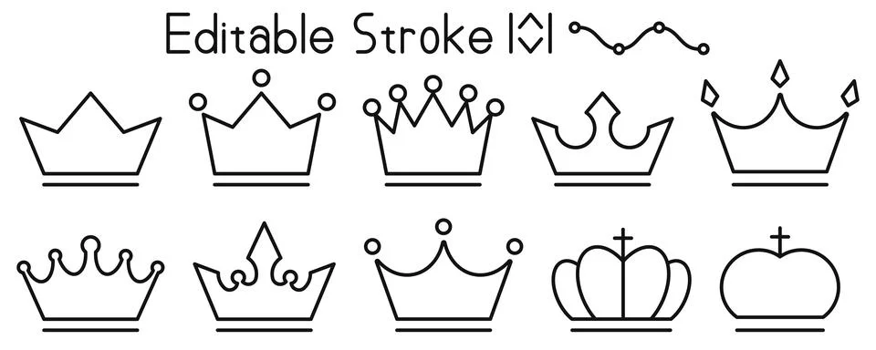 A clean collection of editable stroke crown icons in modern outline style. .. Stock Illustration