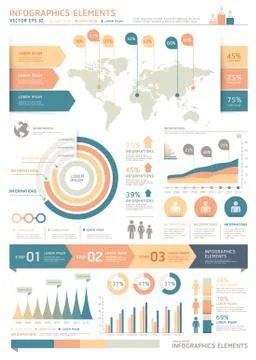 Clean Color Infographics Elements with World map and Information Graphics. Illustrazione stock