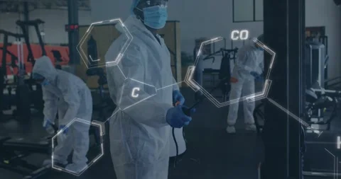 Clean crew moving in gym, lead firing spray wand, team wiping weights, HUD Stock Footage 330195377