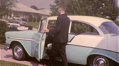 Clean Cut Young Man Gets in Car Chevy 1957 Vintage Film Home Movie 350 Stock Footage