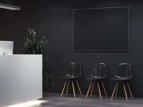 Clean dark interior with reception and row of chairs. 3d rendering Illustrazione stock