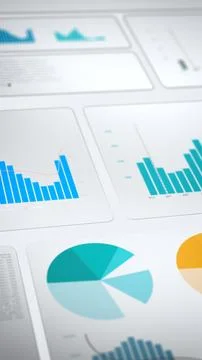 Clean digital analytics dashboard with bar charts and pie diagrams, illustrating Stock Illustration
