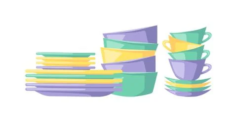 Clean dishes empty dishware kitchen utensil cooking tableware flat vector 스톡 일러스트