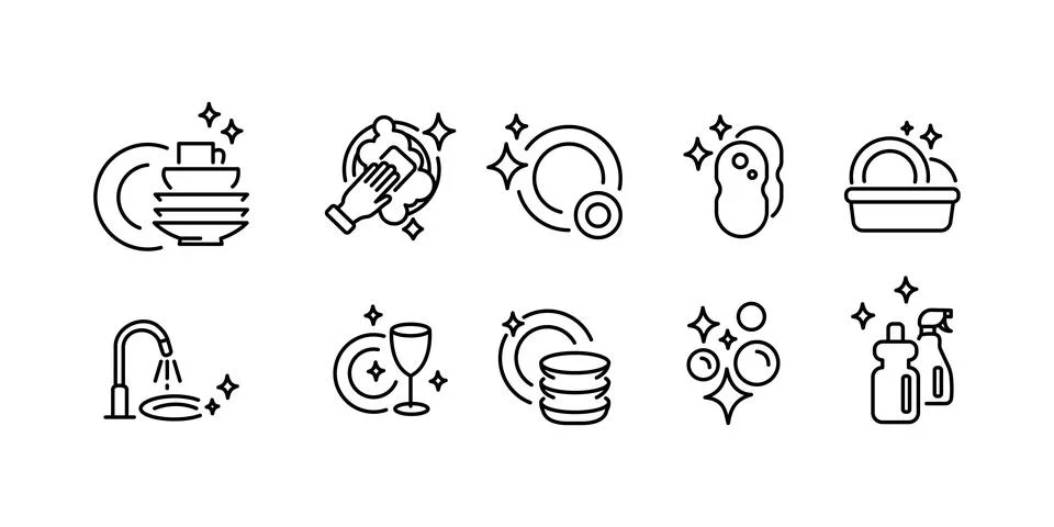 Clean dishes icon set. Thin line clean dishes, clean icon from cleaning Stock Illustration