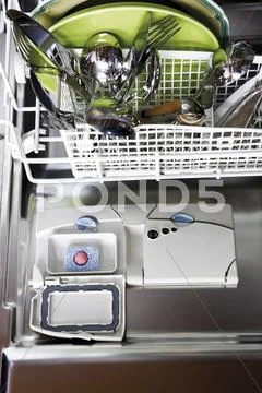 Clean Dishes In Open Dishwasher, Elevated View