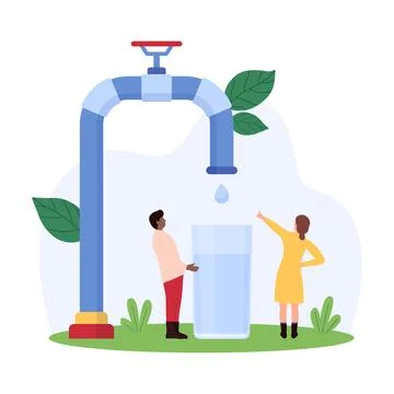 Clean drinking water consumption, tiny people open kitchen tap to fill glass Stock Illustration