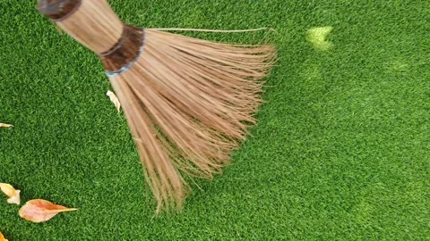 Clean dry leafs on green grass with broom Stock Footage 119184759