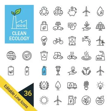 Clean ecology line icon set featuring factory, recycling, wind turbines, so.. Stock Illustration