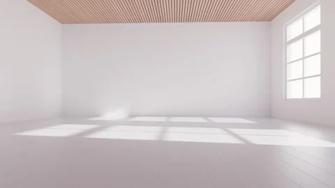 Clean, empty white room with wooden ceiling and large window, sunlight shad.. Stock Footage 332315174