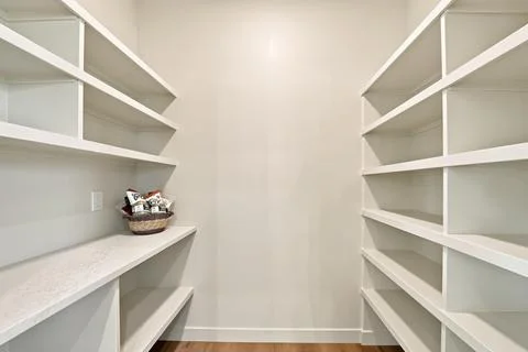 Clean, empty white shelves flank a closet 库存插图