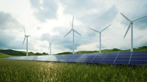 Clean energy concept solar panels and wind turbines farm flythrough 3D rendering Stock Footage 218877461
