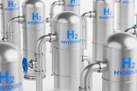 Clean Energy Infrastructure Concept. Multiple Metallic Hydrogen Storage Tan.. Stock Illustration