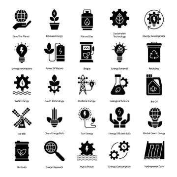Clean Energy Solid Icons Set Stock Illustration