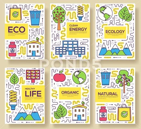 Clean energy vector brochure cards thin line set. natural resources template of Stock Illustration