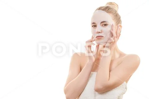 The clean face mask on the young woman on the white background Stock Photos
