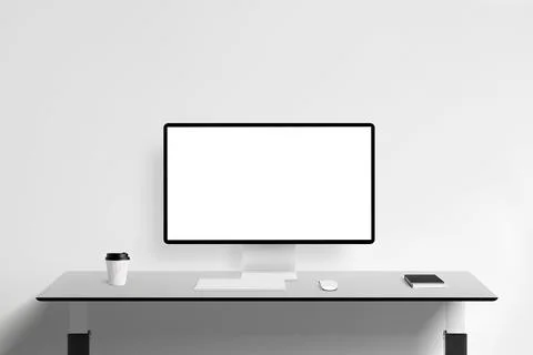 Clean flat desk featuring a modern computer display mockup Stock Photos