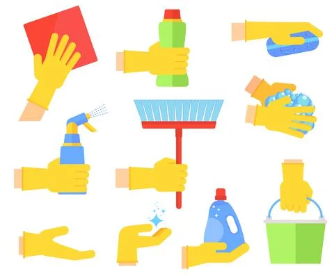 Clean flat vector icons set. Collection of cleaning tools in hand. 스톡 일러스트
