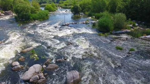 Clean fresh mountain river. aerial view Stock Footage 80901380