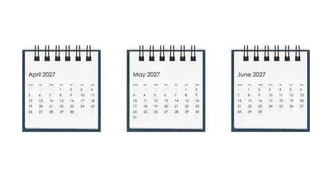 Clean front view of three square desk calendars with black spiral binding. Di Stock Photos