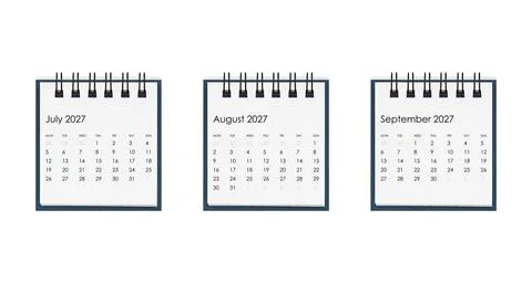 Clean front view of three square desk calendars with black spiral binding. Di Stock Photos