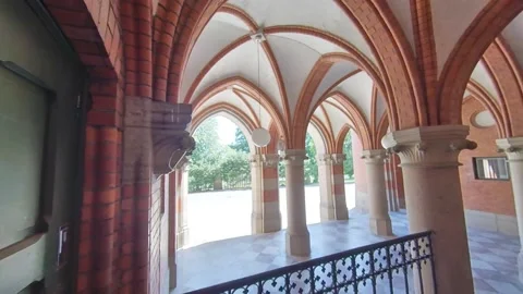 Clean Gothic Pillar and Gothic Arches at Hallway, Pan Stock Footage 137907448