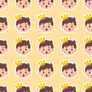 Clean graphic seamless pattern of a surprised boy emoticon face on a yellow.. Stock Illustration