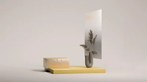 Clean gray space with pale yellow podium, dry spikelets and square glass frame Stock Illustration