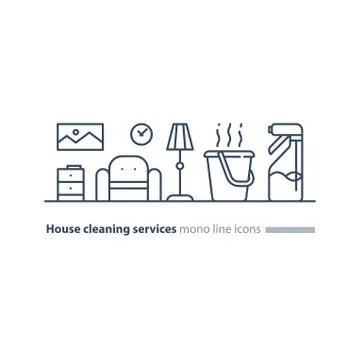 Clean house maintenance services, refresh interior line icons Stock Illustration