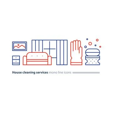 Clean house maintenance services, refresh interior line icons Illustrazione stock