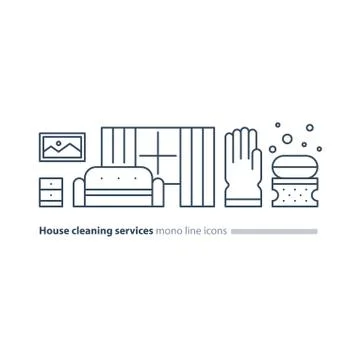 Clean house maintenance services, refresh interior line icons 스톡 일러스트