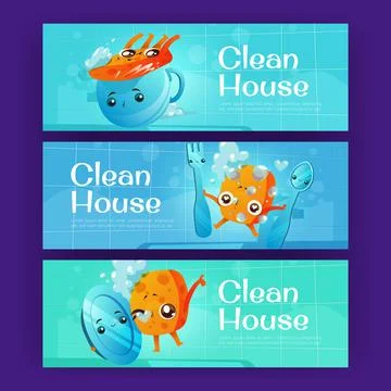 Clean house posters with cute kitchen sponge Stock Illustration