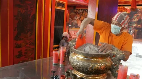 Clean The Incense Ashes In A Buddhist Temple Stock Footage 123451910