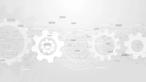 Clean industrial gear process visual white cog shapes, light circuit detail, and Stock Footage 340556887