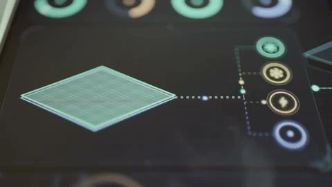 Clean isometric planning grid links to time, cooling and power symbols Stock Photos