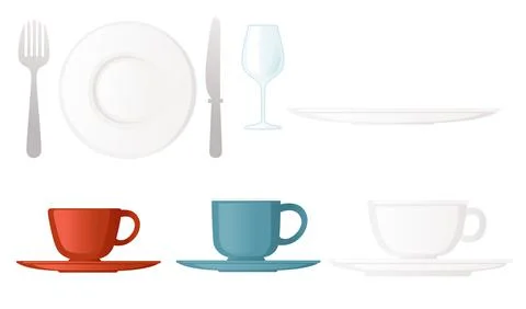 Clean kitchen dishware set with mugs plates saucers vector illustration on white Stock Illustration