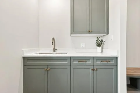 Clean kitchen features gray cabinets and white countertops Illustrazione stock