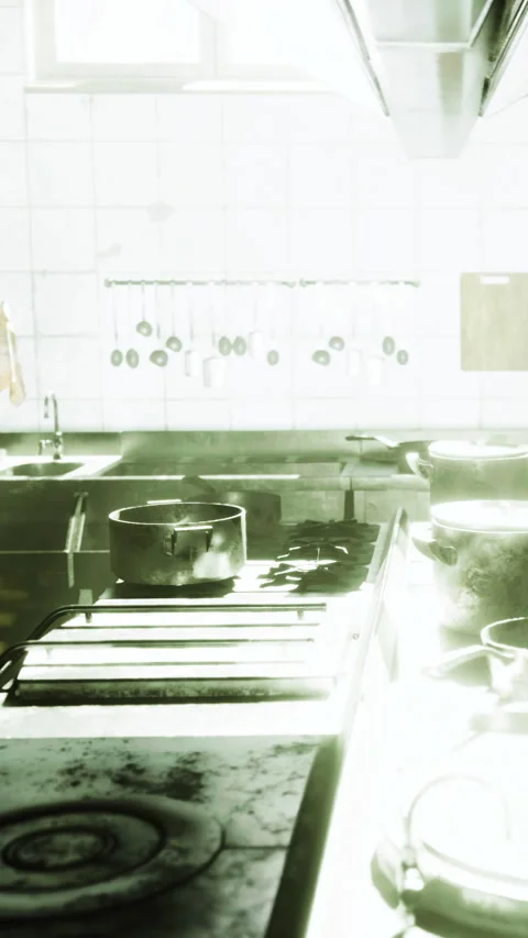 Clean kitchen space with sunlight shining through windows in a cooking area Stock Footage 332220983