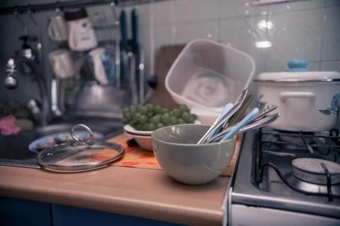 Clean kitchen utensils standing on the table 스톡 사진