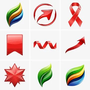 This clean layout presents various glossy items red awareness ribbon, arrows Stock Illustration