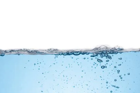 Clean light blue water wave and bubbles air isolated on white background Stock Photos