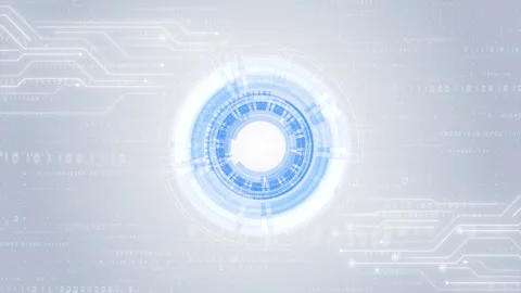 Clean light digital interface visual pale blue HUD ring, white circuit patterns, Stock Footage 340526109