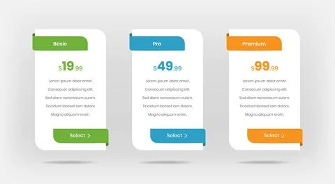 Clean minimal pricing table with drop shadow for web and ui design Stock Illustration