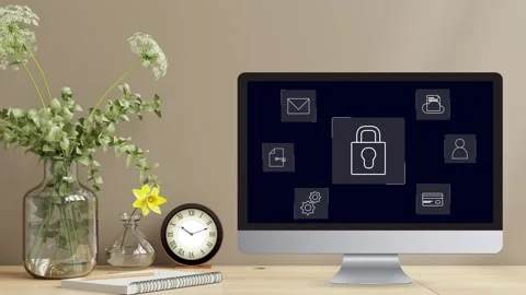 Clean minimalistic office desk view with data protection Stock Footage 281540195