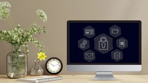Clean minimalistic office desk view with data protection Stock Footage 281540199