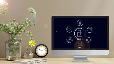 Clean minimalistic office desk view with data protection Stock Footage 281540209