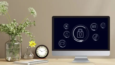 Clean minimalistic office desk view with data protection Stock Footage 281540210