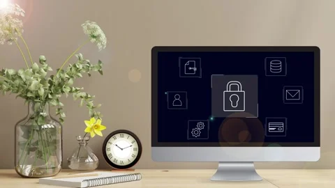 Clean minimalistic office desk view with data protection Stock Footage 281540212