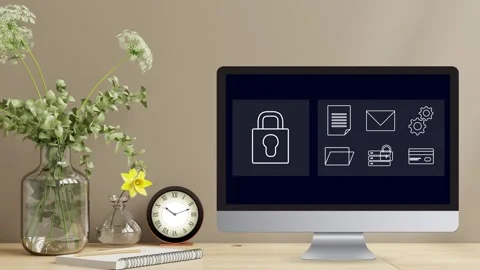 Clean minimalistic office desk view with data protection Stock Footage 281540224