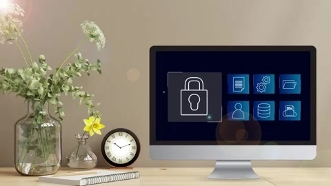 Clean minimalistic office desk view with data protection Stock Footage 281540230